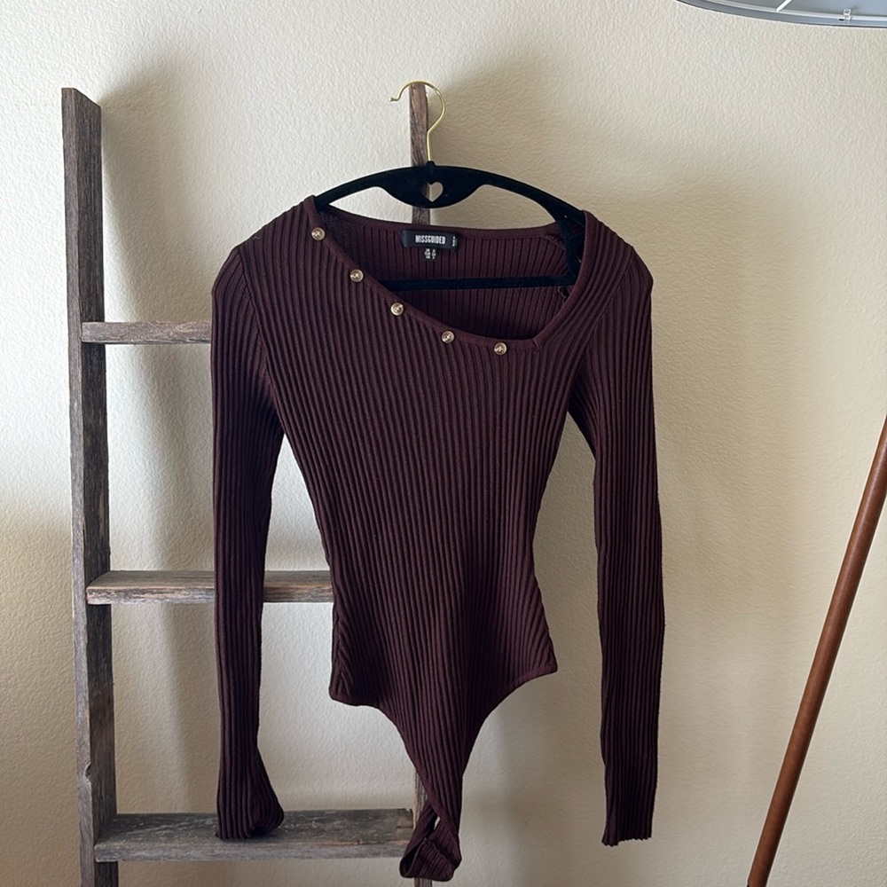 Missguided Brown Long Sleeve Asymmetrical Neckline Bodysuit Sweater Top